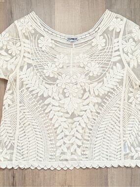 Express Bohemian 70s Delicate Embroidered Cream Floral Lace Women’s Crop Top